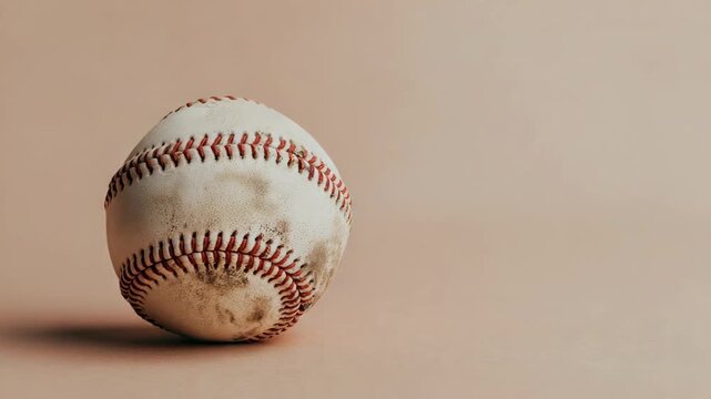 A baseball is sitting on a tan surface