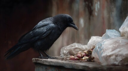 Fototapeta premium A dark crow scavenges for food scraps amidst plastic bags and discarded produce on a grimy urban ledge highlighting environmental waste
