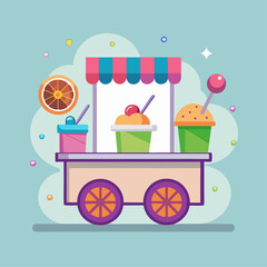 A colorful ice cream cart with a blue cart and a green cart. There are many different flavors of ice cream, including strawberry, chocolate, and vanilla. The cart is parked on a sidewalk