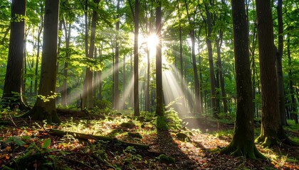 Sunlight streams through a lush forest