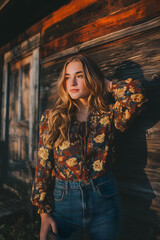 Rustic autumn portrait of young woman in cozy fashion style