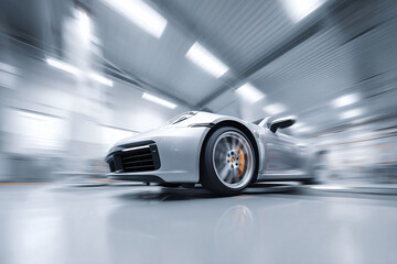 Obraz premium Sleek silver sports car in motion blur, conveying speed and modern design. Ideal for automotive, technology, or aspirational lifestyle themes, emphasizing luxury and innovation.