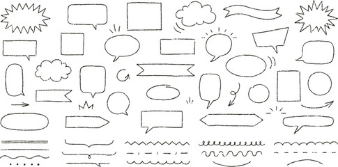 Speech bubble, arrows and underlined strokes black crayon outline collection, cartoon doodle text box vector set