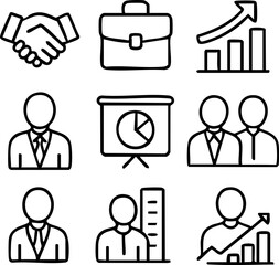 Fototapeta premium Minimalist hand-drawn business icons: collaboration, growth, strategy, professional concepts. Ideal for web, print, apps.