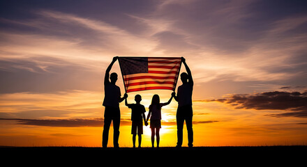 Veterans Day Family Silhouette with Flag at Sunset