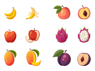 Vector fruit illustration set with bananas, apples, peaches, mangoes, dragon fruit, and plums shown as whole and sliced fruits in colorful cartoon style