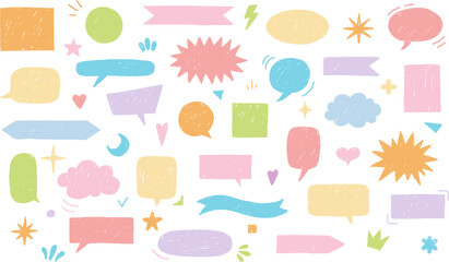 Crayon speech bubbles and design elements collection pastel color, cartoon text box vector set, chalk chat communication