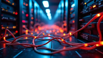 A high-tech data center showcases interconnected technology, network cables and servers