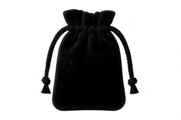 Small black velvet pouch with black drawstrings isolated on transparent background, ideal for storing small items