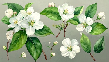 Floral arrangement of white apple blossoms and leaves