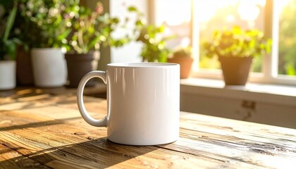 Sunrise Coffee Mug Mockup Blank White Mug on Rustic Wooden Table