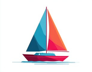 Colorful sailboat with red hull and blue and orange sails on white background