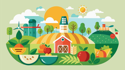 Fototapeta premium Modern eco farm with fruits, vegetables, trees and agricultural buildings under the sun in a vibrant green landscape