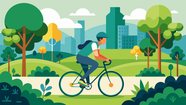 Man riding a bicycle in a green park with trees and city buildings in the background on a clear day