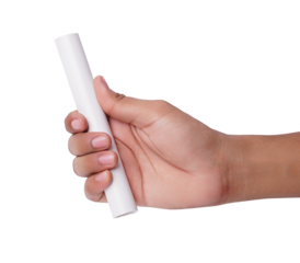 Hand holding white chalk against , ready for writing or drawing.