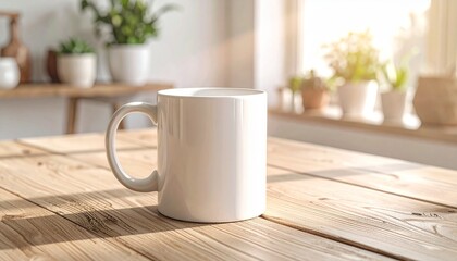 Pristine white ceramic mug on a natural wooden table, bathed in warm morning sunlight. The soft focus on green plants in the background creates a tranquil and cozy home atmosphere