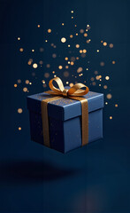 Christmas gift box floats in a golden glitter and confetti, blue and golden colors