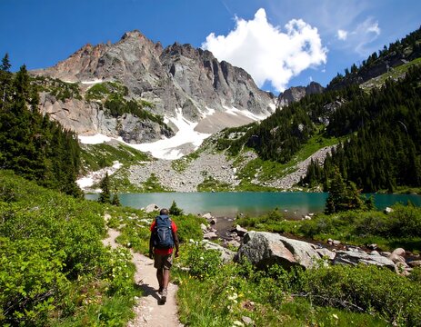 Hikers trail winding to a turquoise alpine lake - Powered by Adobe
