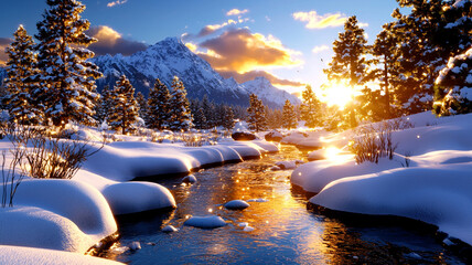 Serene Winter Stream at Sunset with Majestic Mountain Views