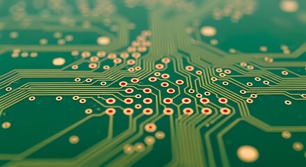 Extreme closeup of a green printed circuit board pcb with intricate pathways, solder points, and electronic components