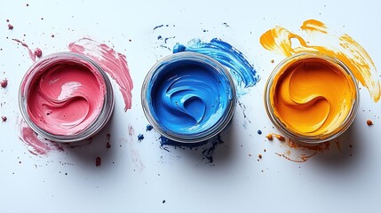 Three glasses of colorful paint on white background, top view flat lay with minimal concept and studio lighting for creative design