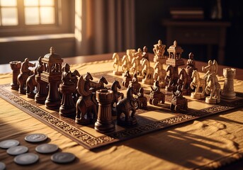 High-Angle Close-up of Ancient Indian Chaturanga Chess Set in Mid-Game, Made of Carved Rosewood and Ivory, Bathed in Warm Afternoon Light on a Silk Mat with Historical Coins