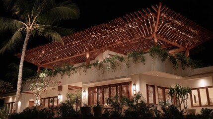 Elegant architectural design of a tropical villa at night outdoor setting modern style peaceful atmosphere