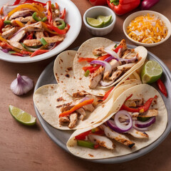 Grilled chicken fajitas with bell peppers and onions, isolated on white background, Mexican food concept.
