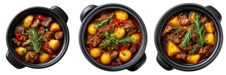 Hearty Stew Culinary Delight: Three enticing ceramic pots showcase a culinary masterpiece of a hearty stew, rich with tender meat, golden potatoes, and aromatic herbs.