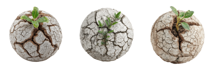 New Beginnings in Earth: Young sprouts bravely emerge from the cracked earth, signifying resilience, hope, and the tenacity of life in a stark yet visually stunning composition.