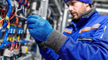 Fototapeta premium Electrical technician repairing circuitry in industrial facility technical work indoor close-up view engineering focus