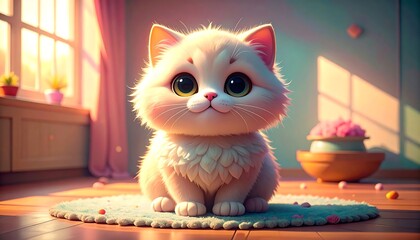 Cute, fluffy white kitten sits on a rug in a sunlit room
