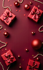 Flat lay composition of Christmas gift boxes, deep burghundy color