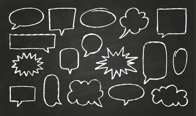 Speech bubble white chalk outline shapes vector set, dialogue cloud shapes, cartoon crayon communication frame, text box