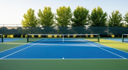 Photo of a vibrant blue and green tennis court with a net and trees in the background, perfect for a sunny day of sport and recreation, inviting players to enjoy a competitive match