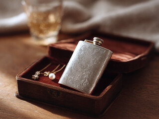 Elegant still life with a decorative flask, jewelry box glass. Evokes nostalgia, vintage style, classic elegance. Ideal for lifestyle, luxury gift themes.
