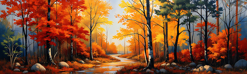 Fototapeta premium Colorful Autumn Forest Impressionist Painting Style Vibrant Brushstrokes