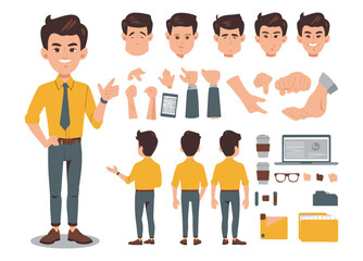 Casual Male Character with Multiple Poses, Face Expressions and Office Elements, Editable Animation Vector Pack