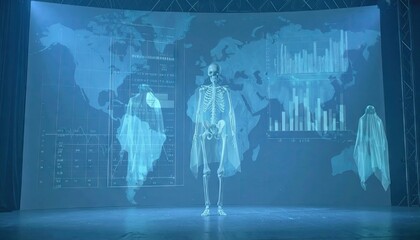 Human Skeleton Hologram with Global Data Charts on a Blue Stage