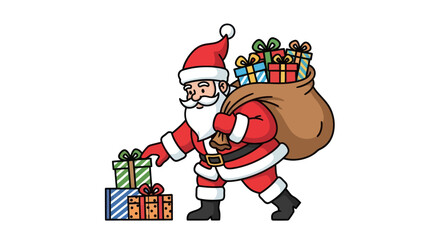 Obraz premium Cartoon Santa Claus Carrying Gifts and a Large Sack.