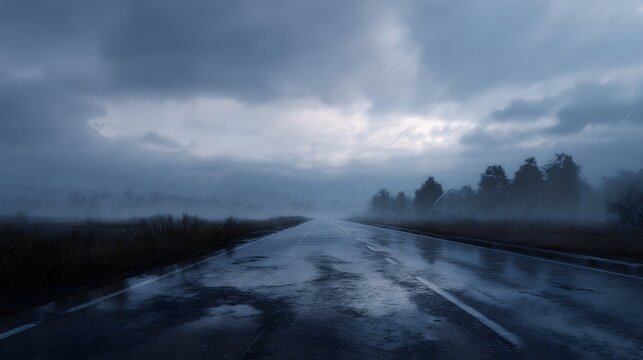 A wet deserted road stretches into the misty distance under a heavy rainy sky reflecting the gloomy atmosphere of a storm