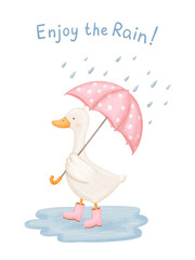 Card with cute baby goose with umbrella in rubber boots in the rain, watercolor illustration with hand drawn lettering