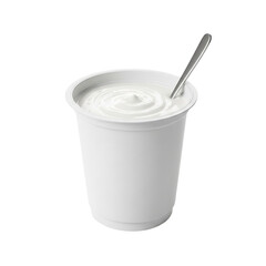 Photo of white cup of yogurt with a spoon, isolated on transparent background
