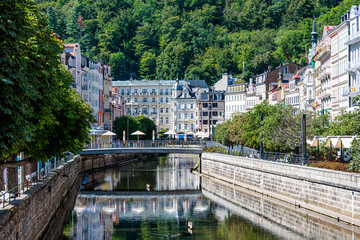 Summer walk through the spa center of the famous Karlovy Vary (Carlsbad) in the Czech Republic