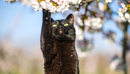 Black cat reaching for spring blossoms