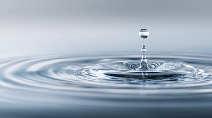 Single Water Drop Creating Ripple on Calm Surface, Minimalist Blue and White Tone with Copy Space, Concept of Purity, Life and Conservation