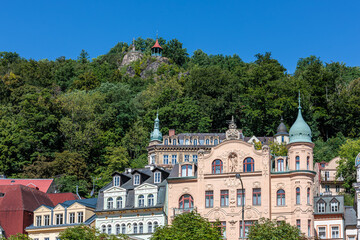 Summer walk through the spa center of the famous Karlovy Vary (Carlsbad) in the Czech Republic