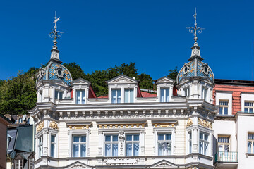 Summer walk through the spa center of the famous Karlovy Vary (Carlsbad) in the Czech Republic