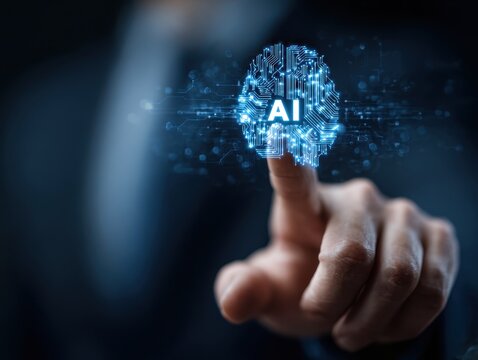 Neural network and machine learning of AI artificial intelligence. Man touching brain and AI icon.