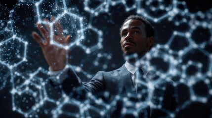 A business professional interacting with digital data visualization and futuristic technology concepts.